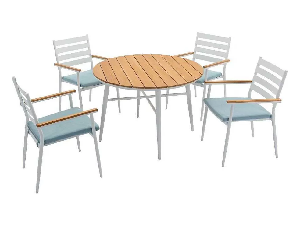 MYLIA Conjunto De Jantar De Jardim Madeira E Aluminio: Uma Mesa D.110 Cm E 4 Cadeiroes, Branco E Natural Claro - Miami De * Conjunto Mesa E Cadeiras De Jardim
