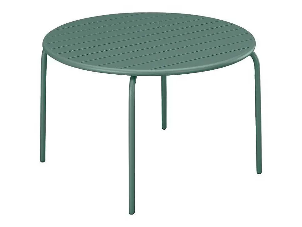 MYLIA Conjunto De Jantar De Jardim Metal, Uma Mesa Redonda D.130 Cm E 6 Cadeiras Empilhaveis Verde Amendoa - Mirmande De * Conjunto Mesa E Cadeiras De Jardim