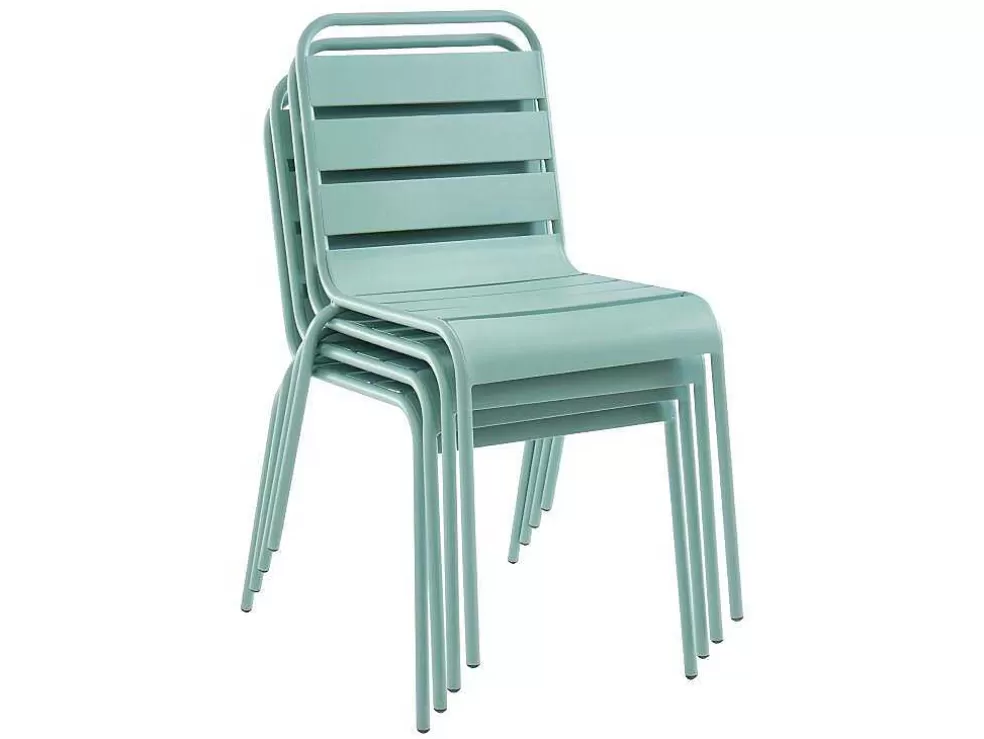 MYLIA Conjunto De Jantar De Jardim Metal, Uma Mesa Redonda D.130 Cm E 6 Cadeiras Empilhaveis Verde Amendoa - Mirmande De * Conjunto Mesa E Cadeiras De Jardim