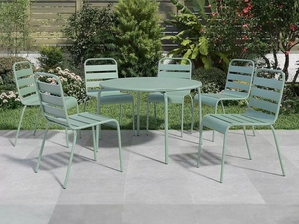 MYLIA Conjunto De Jantar De Jardim Metal, Uma Mesa Redonda D.130 Cm E 6 Cadeiras Empilhaveis Verde Amendoa - Mirmande De * Conjunto Mesa E Cadeiras De Jardim