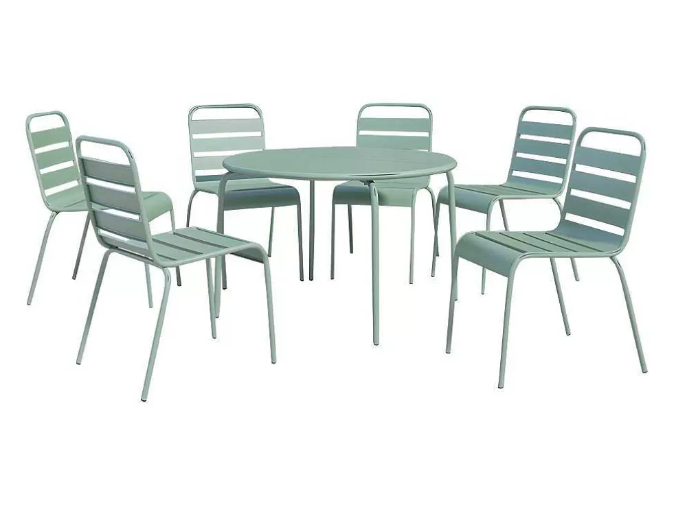 MYLIA Conjunto De Jantar De Jardim Metal, Uma Mesa Redonda D.130 Cm E 6 Cadeiras Empilhaveis Verde Amendoa - Mirmande De * Conjunto Mesa E Cadeiras De Jardim