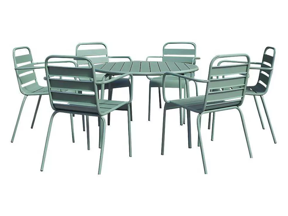 MYLIA Conjunto De Jantar De Jardim Metal, Uma Mesa Redonda D.130 Cm E 6 Cadeiroes Empilhaveis Verde Amendoa - Mirmande De * Conjunto Mesa E Cadeiras De Jardim
