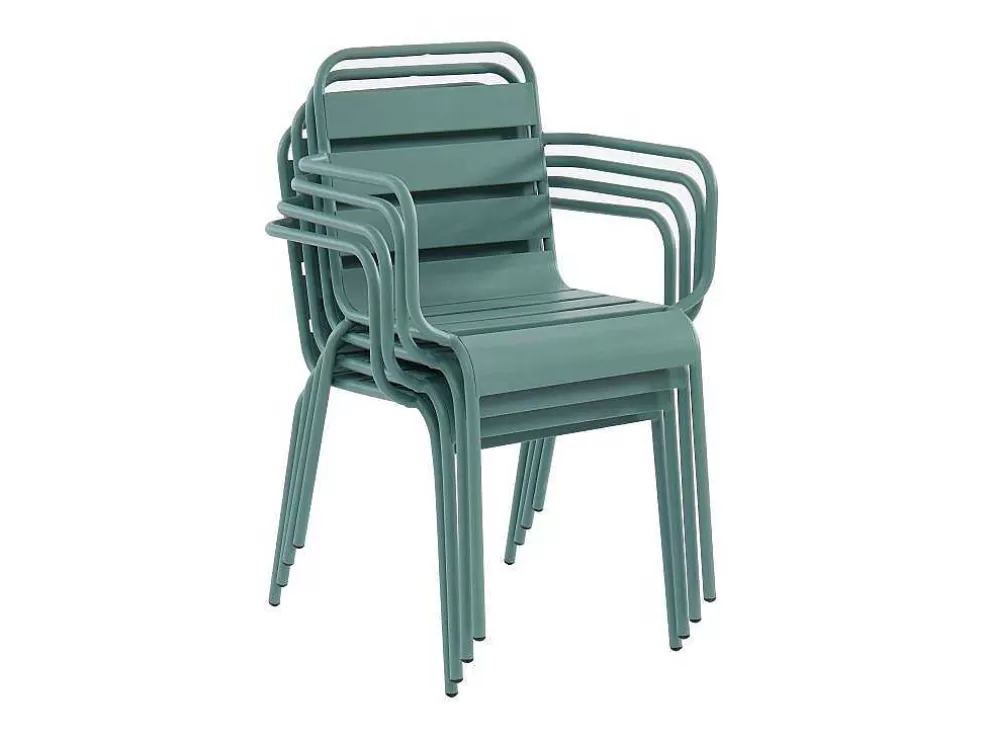 MYLIA Conjunto De Jantar De Jardim Metal, Uma Mesa Redonda D.130 Cm E 6 Cadeiroes Empilhaveis Verde Amendoa - Mirmande De * Conjunto Mesa E Cadeiras De Jardim