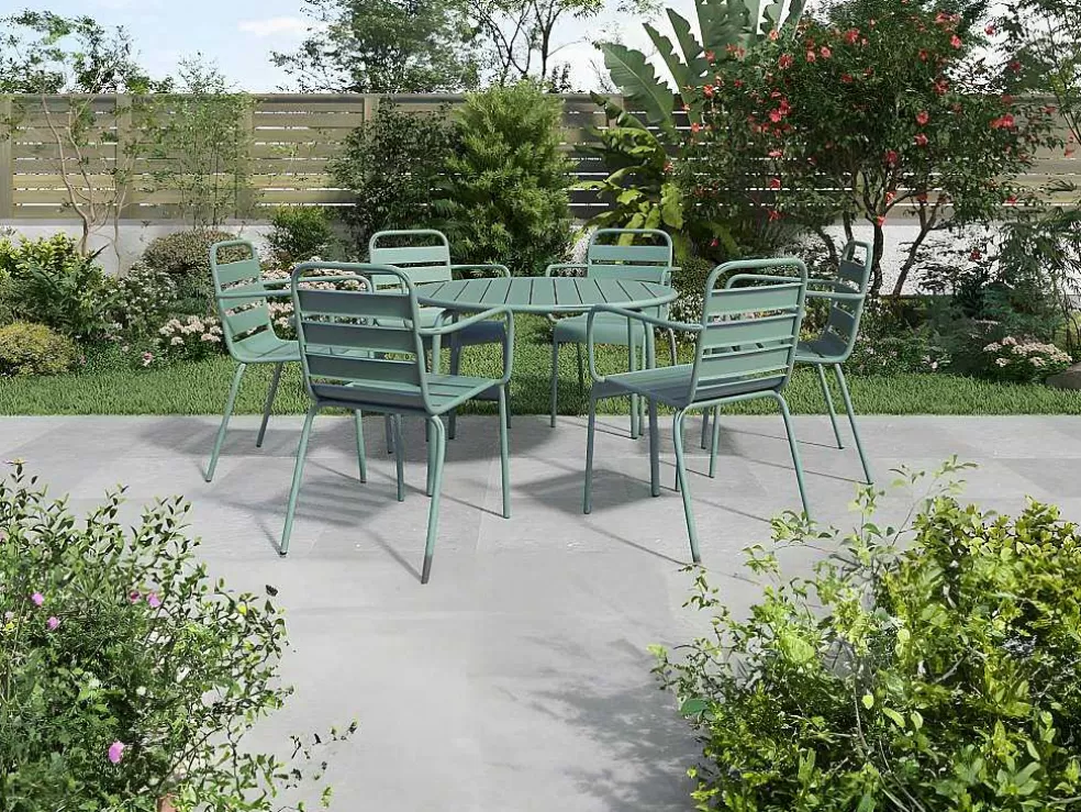 MYLIA Conjunto De Jantar De Jardim Metal, Uma Mesa Redonda D.130 Cm E 6 Cadeiroes Empilhaveis Verde Amendoa - Mirmande De * Conjunto Mesa E Cadeiras De Jardim