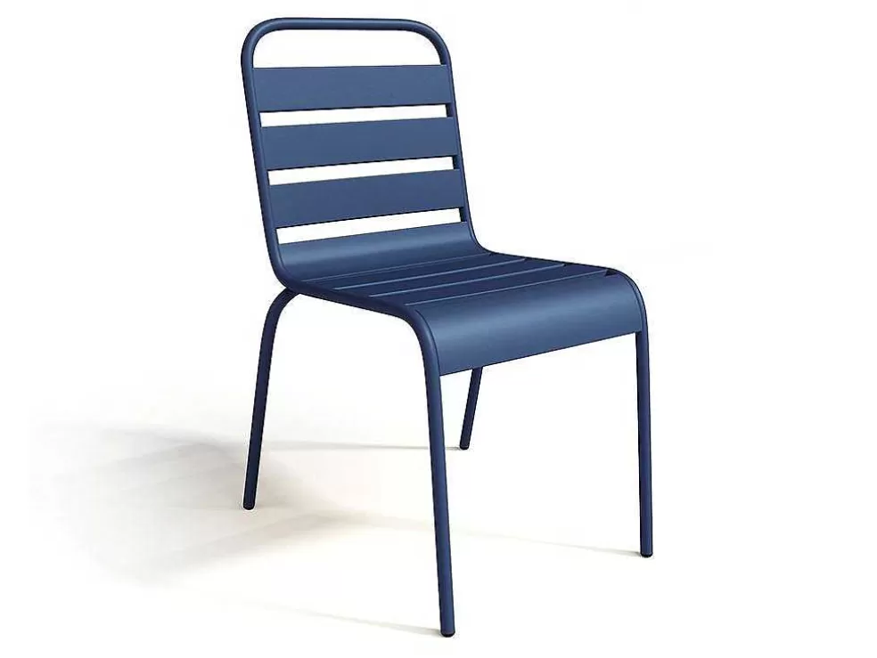MYLIA Conjunto De Jardim De Jardim Em Metal, Uma Mesa C. 160 Cm E 4 Cadeiras Empilhaveis Azul-Escuro - Mirmande* Conjunto Mesa E Cadeiras De Jardim
