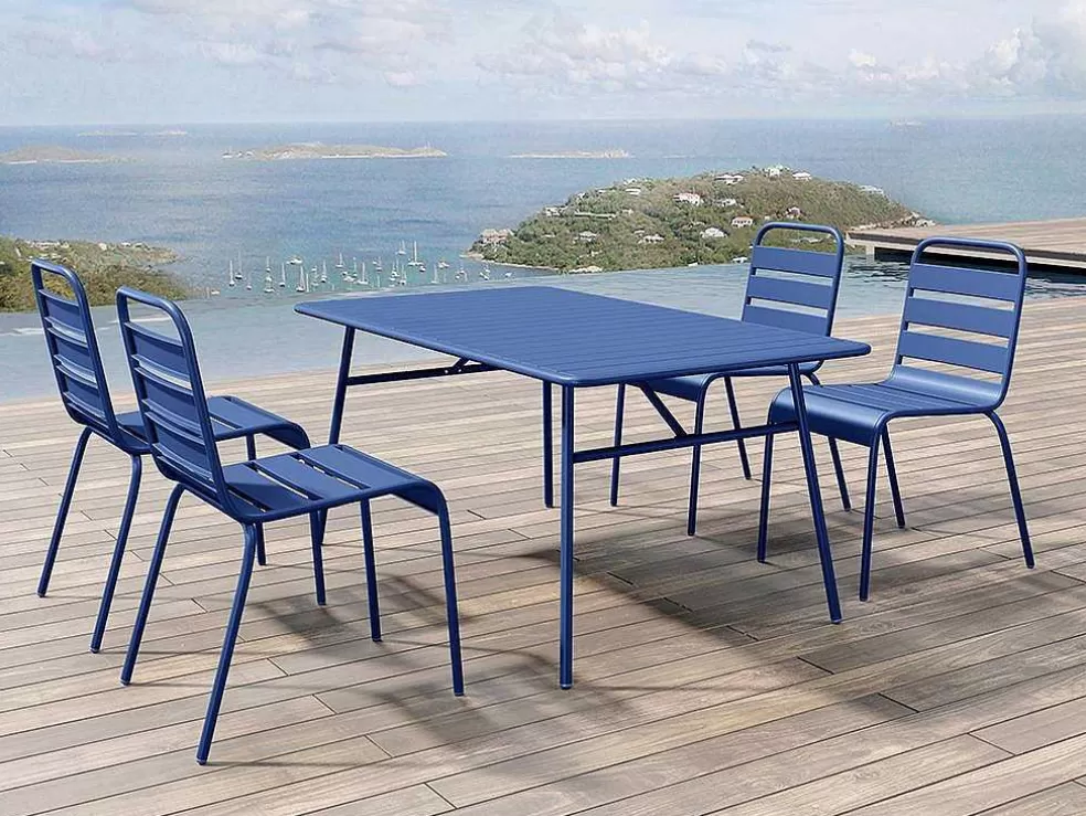 MYLIA Conjunto De Jardim De Jardim Em Metal, Uma Mesa C. 160 Cm E 4 Cadeiras Empilhaveis Azul-Escuro - Mirmande* Conjunto Mesa E Cadeiras De Jardim