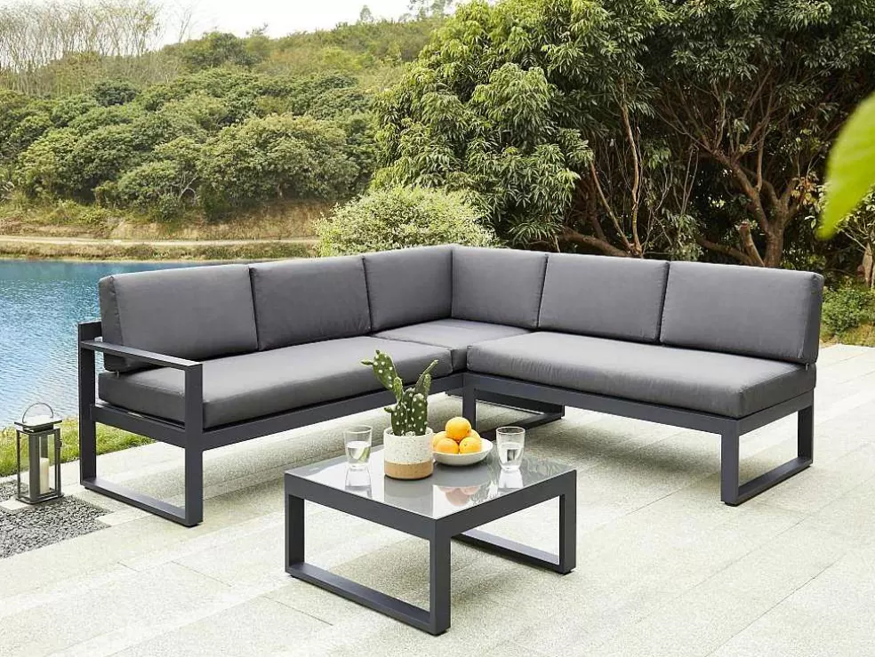 MYLIA Conjunto De Jardim Em Aluminio: Mesa De Centro E Sofá De Canto Levadico, 6 Lugares - Antracite - Palaos Ii De * Conjunto Relax De Jardim