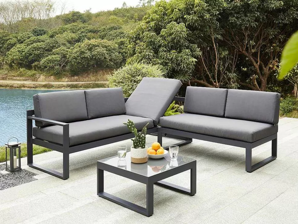 MYLIA Conjunto De Jardim Em Aluminio: Mesa De Centro E Sofá De Canto Levadico, 6 Lugares - Antracite - Palaos Ii De * Conjunto Relax De Jardim