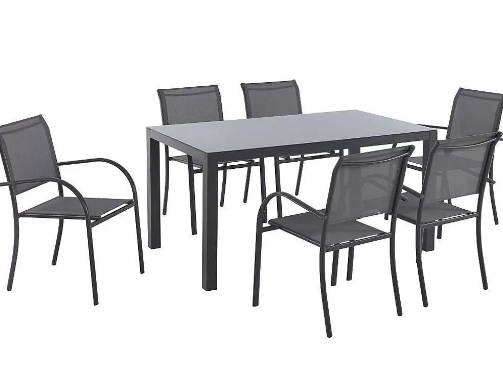 MYLIA Conjunto De Jardim Em Aluminio, Uma Mesa C. 150 Cm E 6 Cadeiroes, Cinzento Antracite - Jolane* Conjunto Mesa E Cadeiras De Jardim