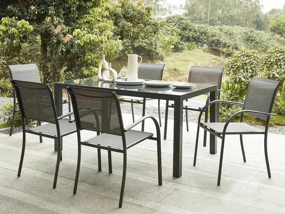 MYLIA Conjunto De Jardim Em Aluminio, Uma Mesa C. 150 Cm E 6 Cadeiroes, Cinzento Antracite - Jolane* Conjunto Mesa E Cadeiras De Jardim