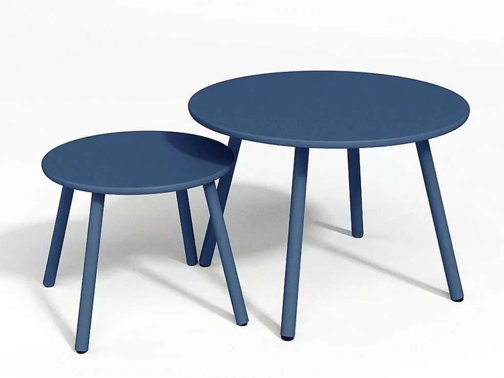 MYLIA Conjunto De Jardim Em Metal, 2 Cadeiroes Baixos Empilhaveis E Mesas De Encaixar, Azul-Escuro - Mirmande* Conjunto Relax De Jardim