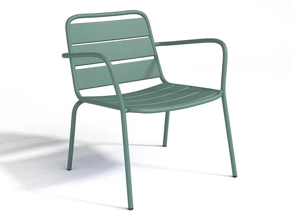 MYLIA Conjunto De Jardim Em Metal, 2 Cadeiroes Baixos Empilhaveis E Mesas De Encaixar, Verde-Amendoa - Mirmande* Conjunto Relax De Jardim