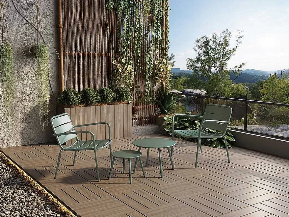 MYLIA Conjunto De Jardim Em Metal, 2 Cadeiroes Baixos Empilhaveis E Mesas De Encaixar, Verde-Amendoa - Mirmande* Conjunto Relax De Jardim