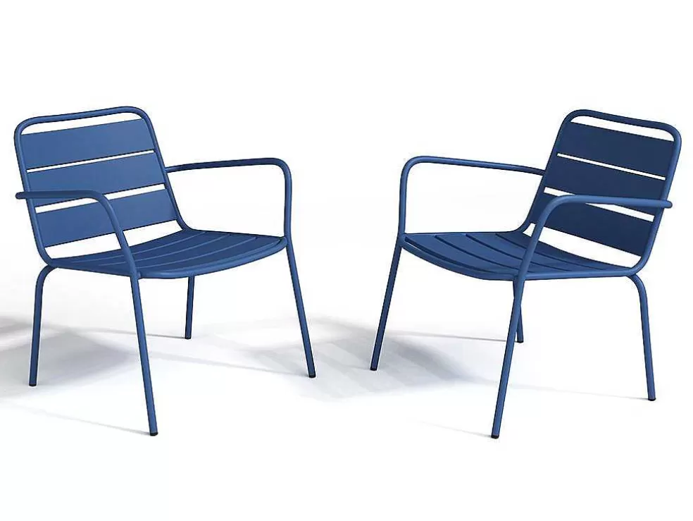 MYLIA Conjunto De Jardim Em Metal, 2 Cadeiroes Baixos Empilhaveis E Uma Mesa De Apoio, Azul-Escuro - Mirmande* Conjunto Relax De Jardim