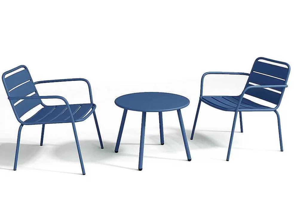 MYLIA Conjunto De Jardim Em Metal, 2 Cadeiroes Baixos Empilhaveis E Uma Mesa De Apoio, Azul-Escuro - Mirmande* Conjunto Relax De Jardim