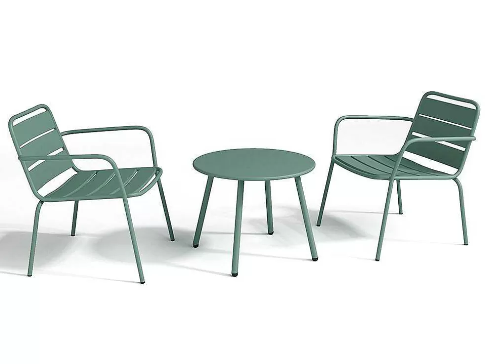 MYLIA Conjunto De Jardim Em Metal, 2 Cadeiroes Baixos Empilhaveis E Uma Mesa De Apoio, Verde-Amendoa - Mirmande* Conjunto Relax De Jardim