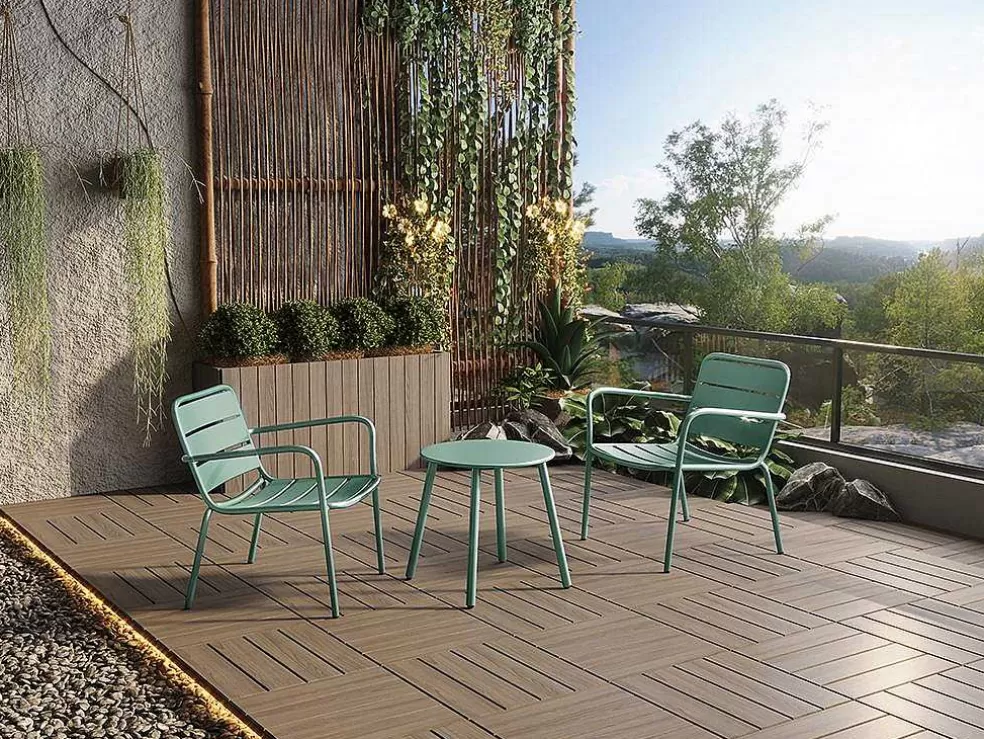 MYLIA Conjunto De Jardim Em Metal, 2 Cadeiroes Baixos Empilhaveis E Uma Mesa De Apoio, Verde-Amendoa - Mirmande* Conjunto Relax De Jardim