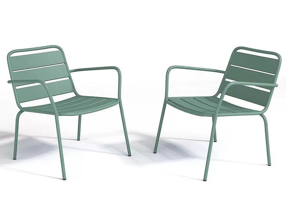MYLIA Conjunto De Jardim Em Metal, 2 Cadeiroes Baixos Empilhaveis E Uma Mesa De Apoio, Verde-Amendoa - Mirmande* Conjunto Relax De Jardim