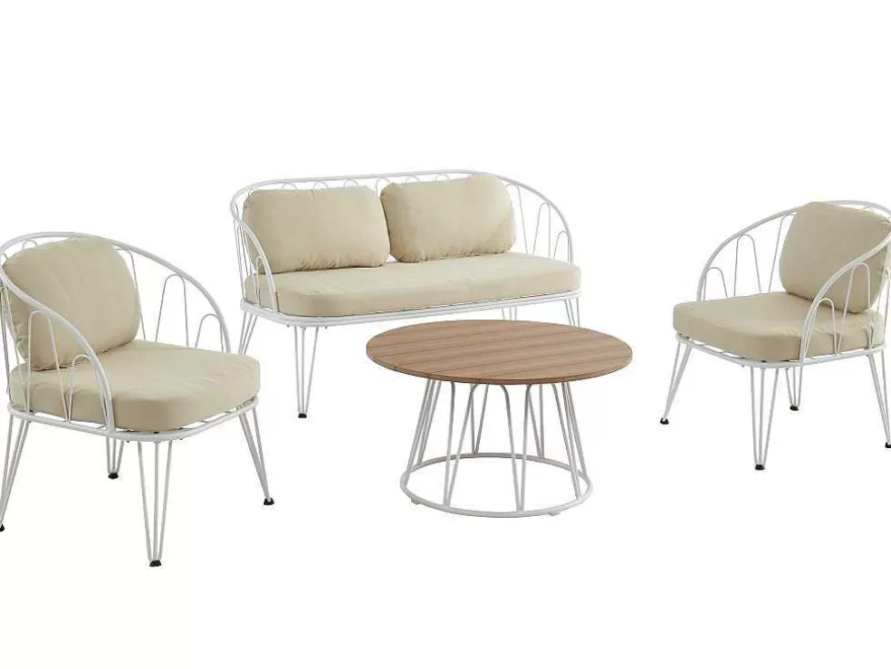 MYLIA Conjunto De Jardim Em Metal, 1 Sofá De 2 Lugares, 2 Cadeiroes E Uma Mesa De Centro, Branco - Arlesan* Conjunto Relax De Jardim