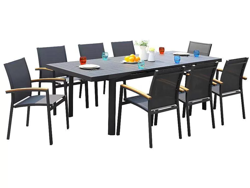 MYLIA Conjunto De Jardim Mesa E Cadeiras De Jardim Em Aluminio: Uma Mesa Extensivel 180/240 Cm E 8 Cadeiras Empilhaveis - Cinza Escuro - Nauru* Conjunto Mesa E Cadeiras De Jardim