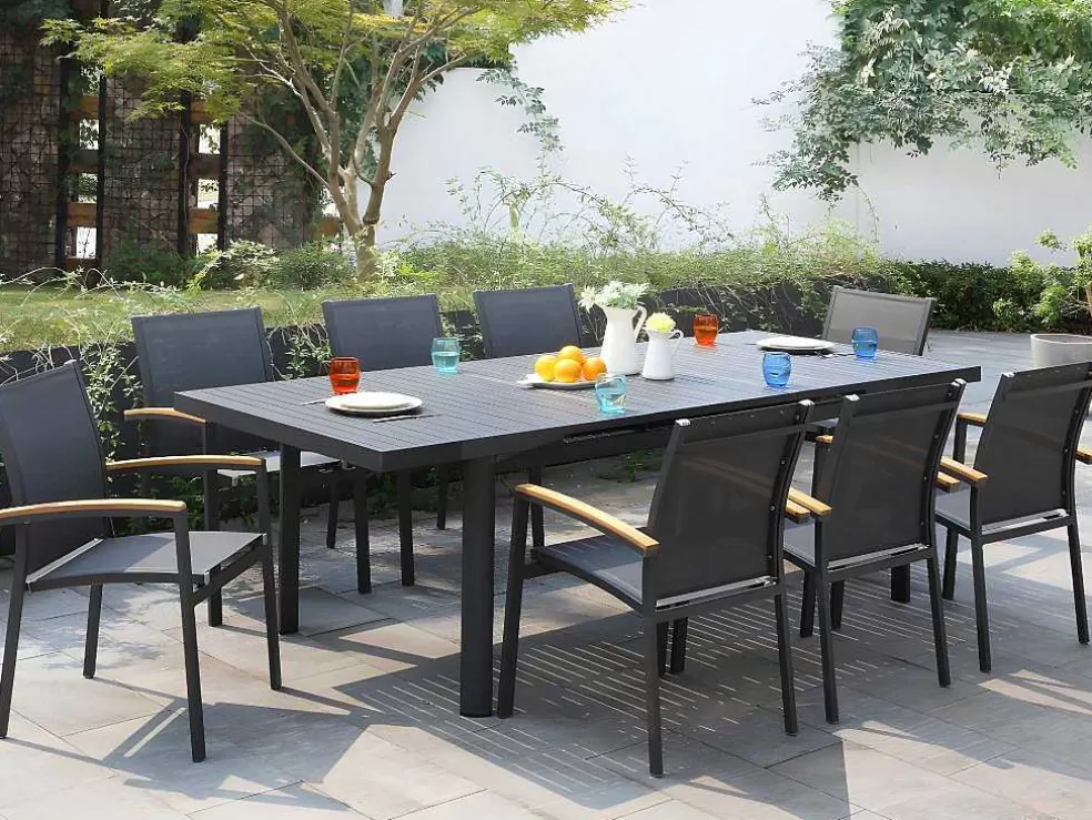 MYLIA Conjunto De Jardim Mesa E Cadeiras De Jardim Em Aluminio: Uma Mesa Extensivel 180/240 Cm E 8 Cadeiras Empilhaveis - Cinza Escuro - Nauru* Conjunto Mesa E Cadeiras De Jardim