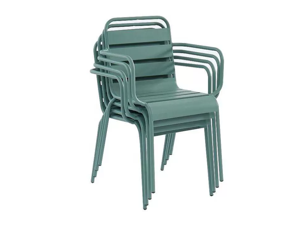 MYLIA Conjunto De Jardim, Mesa E Cadeiras De Jardim Em Metal: Uma Mesa C.160 Cm Com 2 Cadeiroes Empilhaveis E 4 Cadeiras Empilhaveis Cor Verde Amendoa - Mirmande* Conjunto Mesa E Cadeiras De Jardim