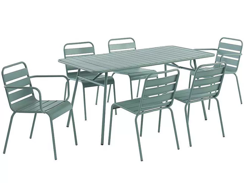 MYLIA Conjunto De Jardim, Mesa E Cadeiras De Jardim Em Metal: Uma Mesa C.160 Cm Com 2 Cadeiroes Empilhaveis E 4 Cadeiras Empilhaveis Cor Verde Amendoa - Mirmande* Conjunto Mesa E Cadeiras De Jardim