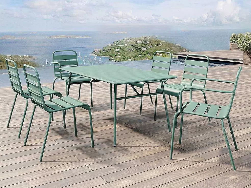 MYLIA Conjunto De Jardim, Mesa E Cadeiras De Jardim Em Metal: Uma Mesa C.160 Cm Com 2 Cadeiroes Empilhaveis E 4 Cadeiras Empilhaveis Cor Verde Amendoa - Mirmande* Conjunto Mesa E Cadeiras De Jardim