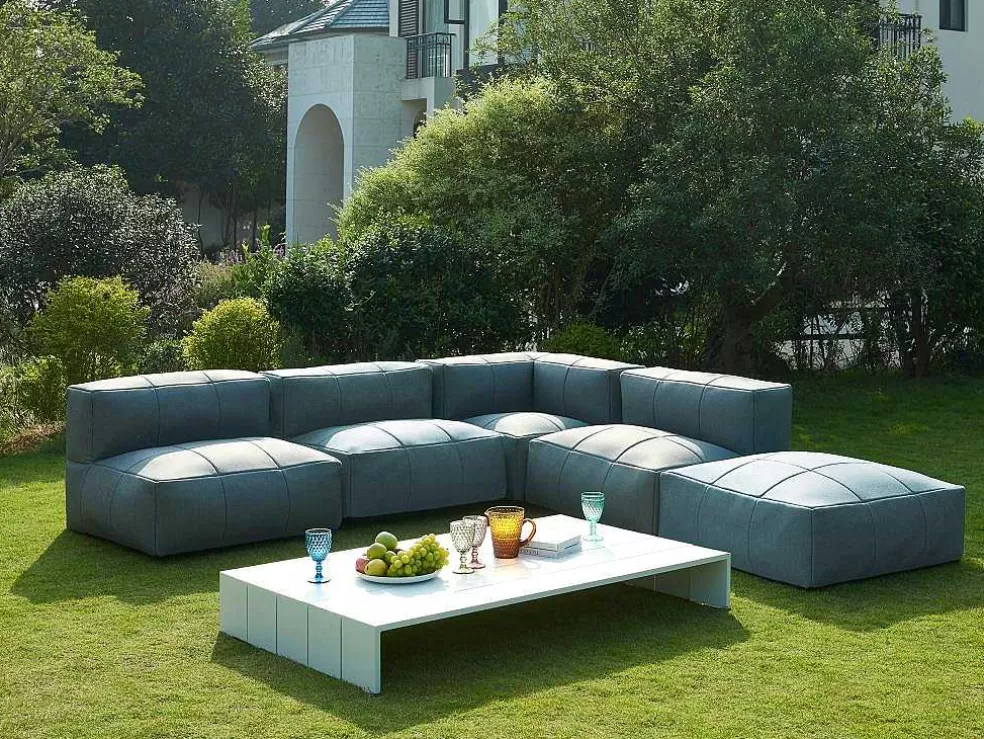 MYLIA Conjunto De Lazer De Jardim Modular 5 Lugares Em Tecido, 3 Cadeiroes, 1 Sofá De Canto, 1 Pufe E Uma Mesa De Centro Antracite - Livai De * Conjunto Relax De Jardim