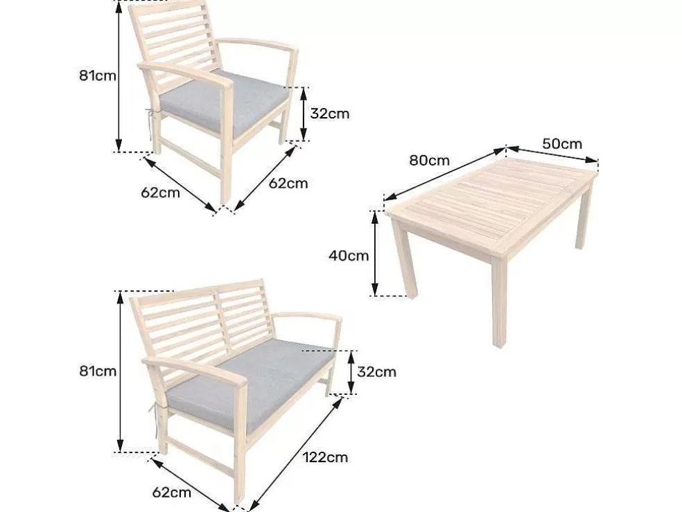 Happy Garden Conjunto De Mobiliário De Jardim De Acacia Goa 4 Lugares - Almofadas De Areia* Conjunto Relax De Jardim