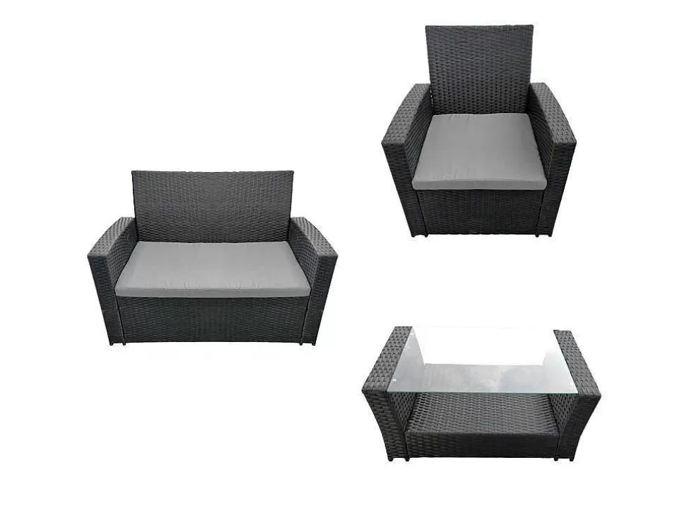 Happy Garden Conjunto De Moveis De Jardim Comino Em Resina Tecida Preta 4 Lugares - Almofadas Cinzentas* Conjunto Relax De Jardim