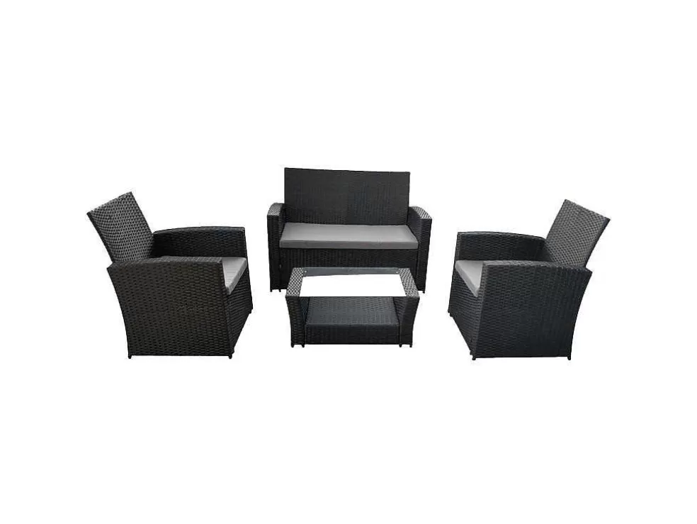 Happy Garden Conjunto De Moveis De Jardim Comino Em Resina Tecida Preta 4 Lugares - Almofadas Cinzentas* Conjunto Relax De Jardim