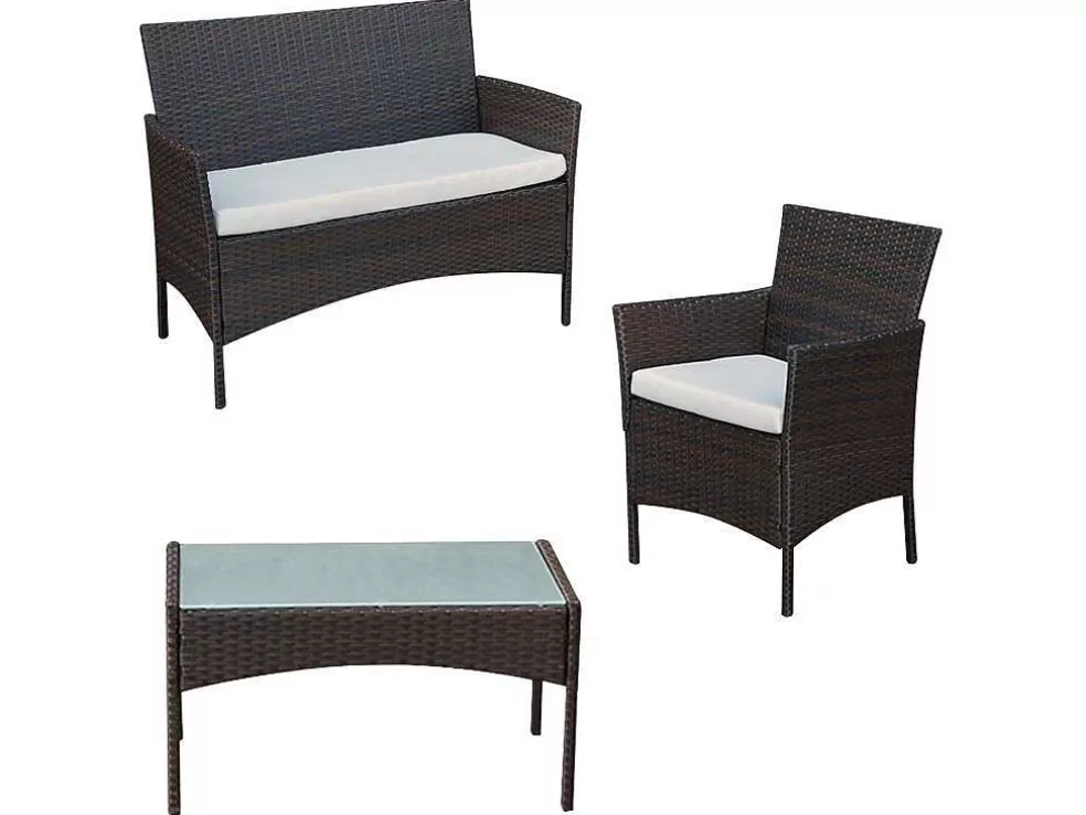 Happy Garden Conjunto De Moveis De Jardim Corfou Em Resina Tecida Castanha - 4 Lugares - Almofadas Bege* Conjunto Relax De Jardim