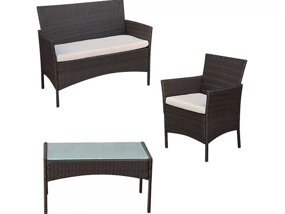 Happy Garden Conjunto De Moveis De Jardim Corfou Em Resina Tecida Castanha - 4 Lugares - Almofadas Bege* Conjunto Relax De Jardim