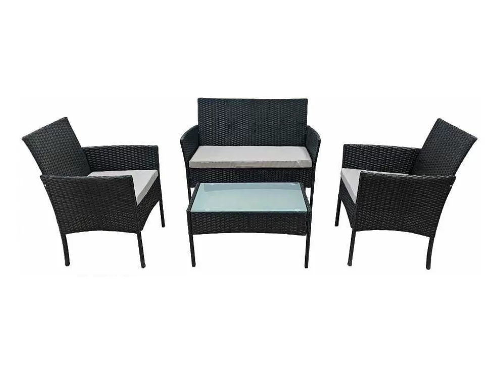 Happy Garden Conjunto De Moveis De Jardim Corfou Em Resina Tecida Preta 4 Lugares - Almofadas Cinzentas* Conjunto Relax De Jardim