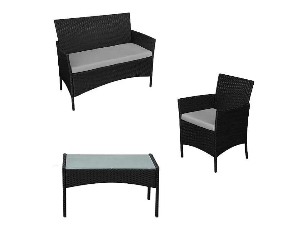 Happy Garden Conjunto De Moveis De Jardim Corfou Em Resina Tecida Preta 4 Lugares - Almofadas Cinzentas* Conjunto Relax De Jardim