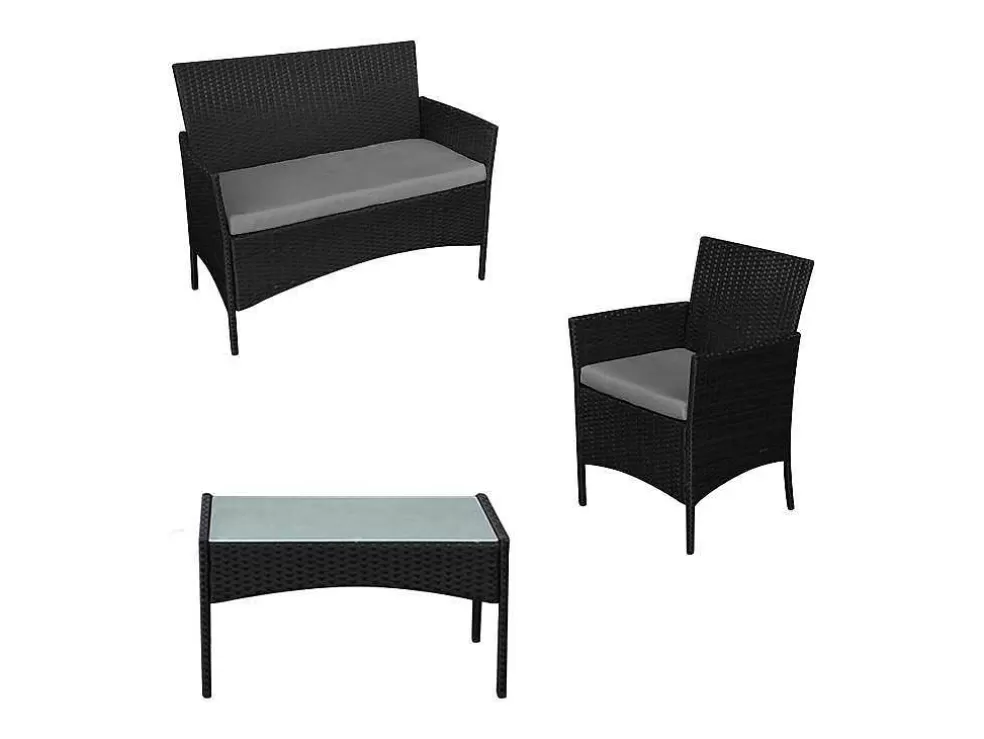 Happy Garden Conjunto De Moveis De Jardim Corfou Em Resina Tecida Preta 4 Lugares - Almofadas Cinzentas* Conjunto Relax De Jardim
