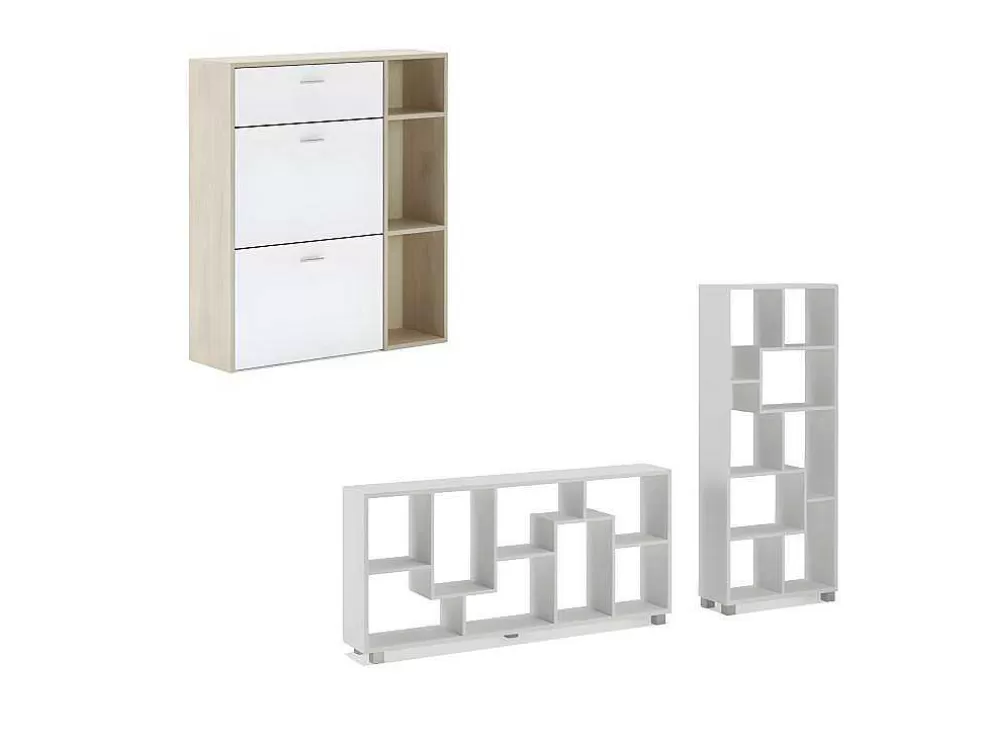Skraut Home Conjunto De Sapateira Estrutura Carvalho, Gavetas E Portas Branco E Prateleiras Branca Mate* Sapateira