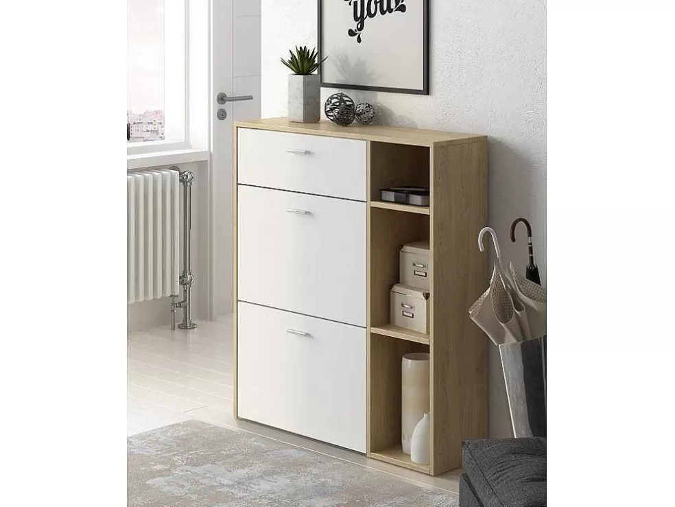 Skraut Home Conjunto De Sapateira Estrutura Carvalho, Gavetas E Portas Branco E Prateleiras Branca Mate* Sapateira