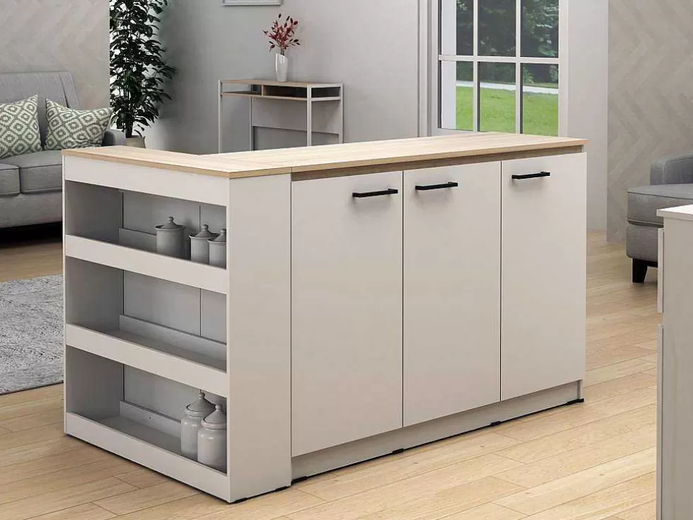 Vente-unique Conjunto Ilha Central De Cozinha + 2 Bancos Altos, Branco E Natural Claro - Nusice* Ilha De Cozinha