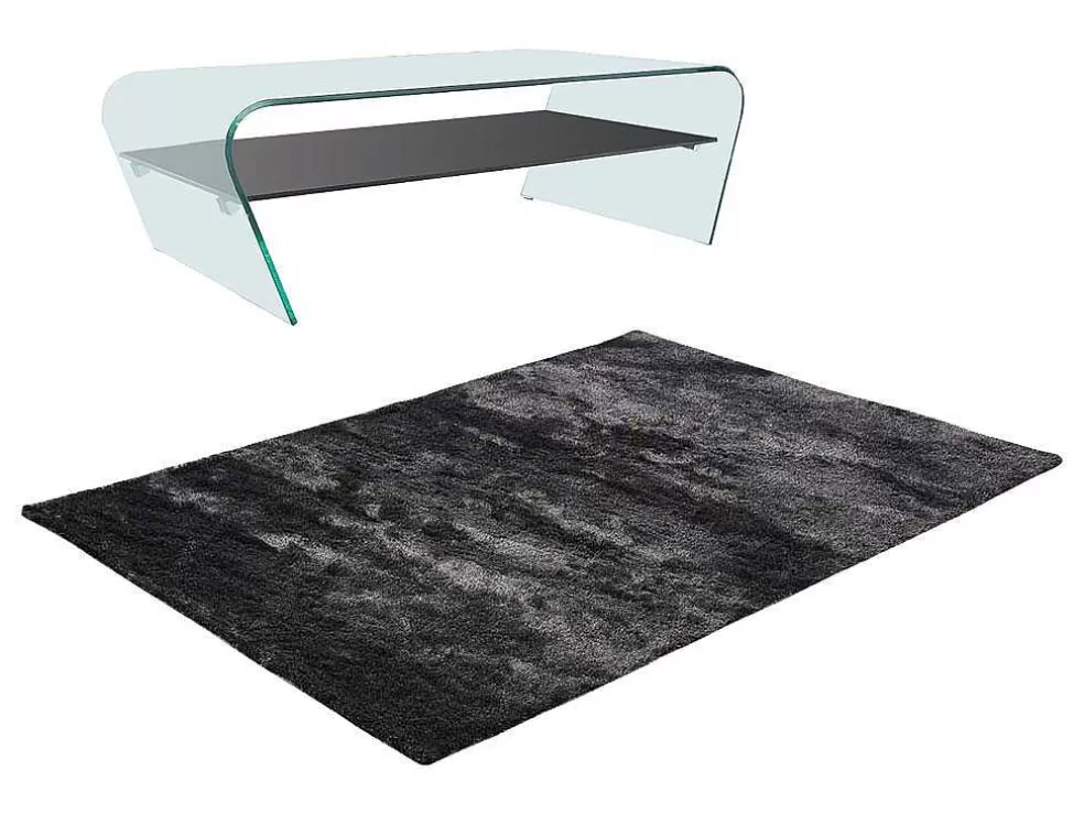 Vente-unique Conjunto Mesa De Centro Transparente E Preta - Kelly E Tapete Felpudo Antracite - Dolce* Mesa De Centro