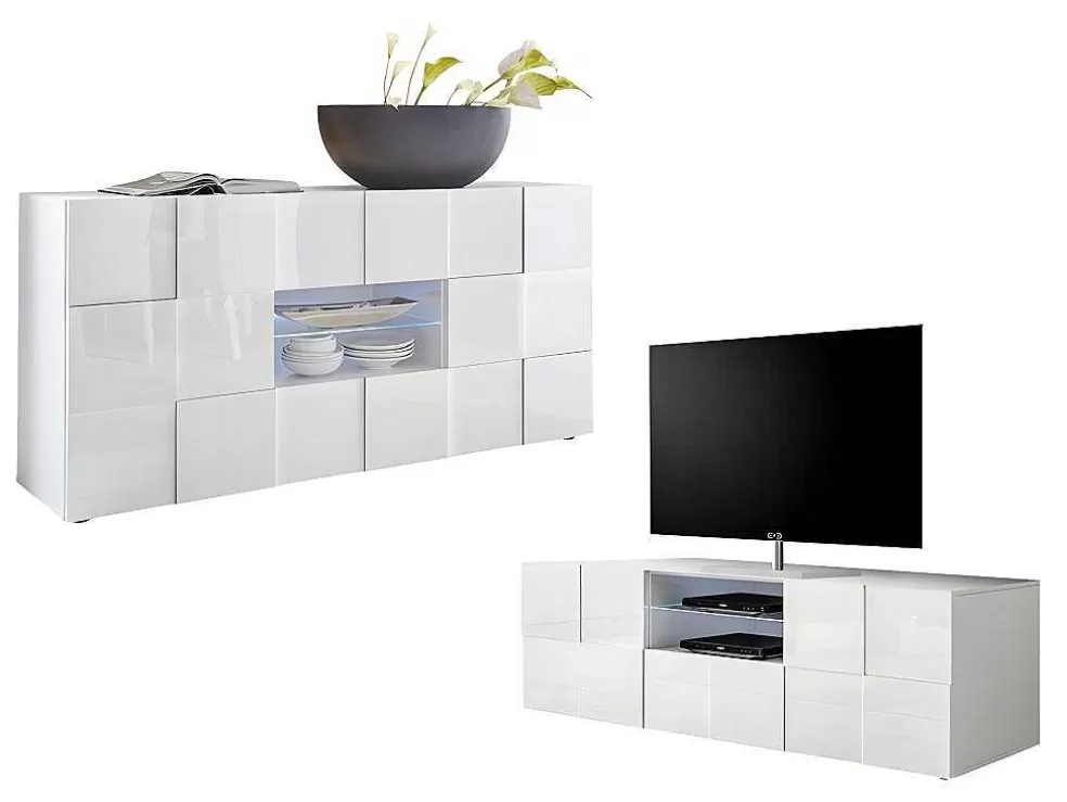 Vente-unique Conjunto Móvel De Tv + Aparador Lacado - Branco Lacado - Calisto* Aparador