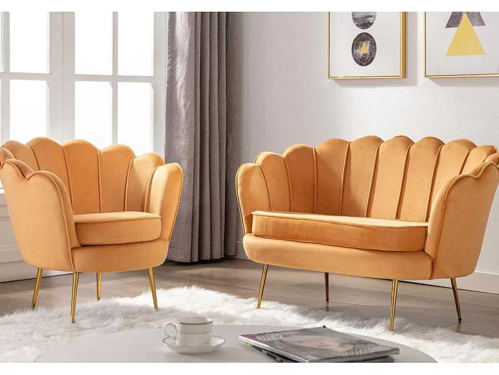 Vente-unique Conjunto Sofá De 2 Lugares E Poltrona Concha Em Veludo Amarelo-Mostarda Dandelion* Conjunto Sofá E Poltrona