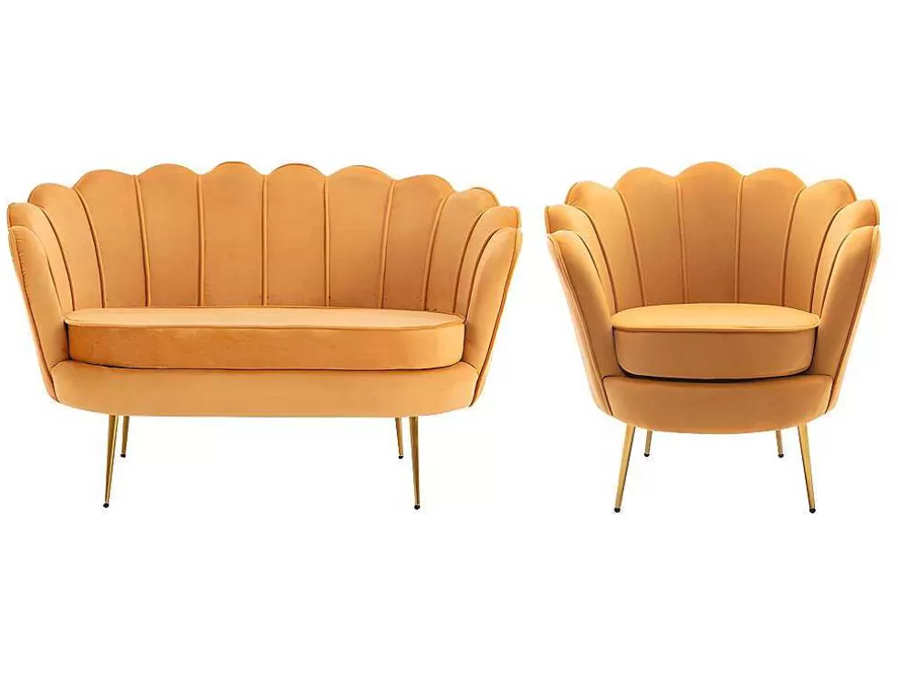 Vente-unique Conjunto Sofá De 2 Lugares E Poltrona Concha Em Veludo Amarelo-Mostarda Dandelion* Conjunto Sofá E Poltrona