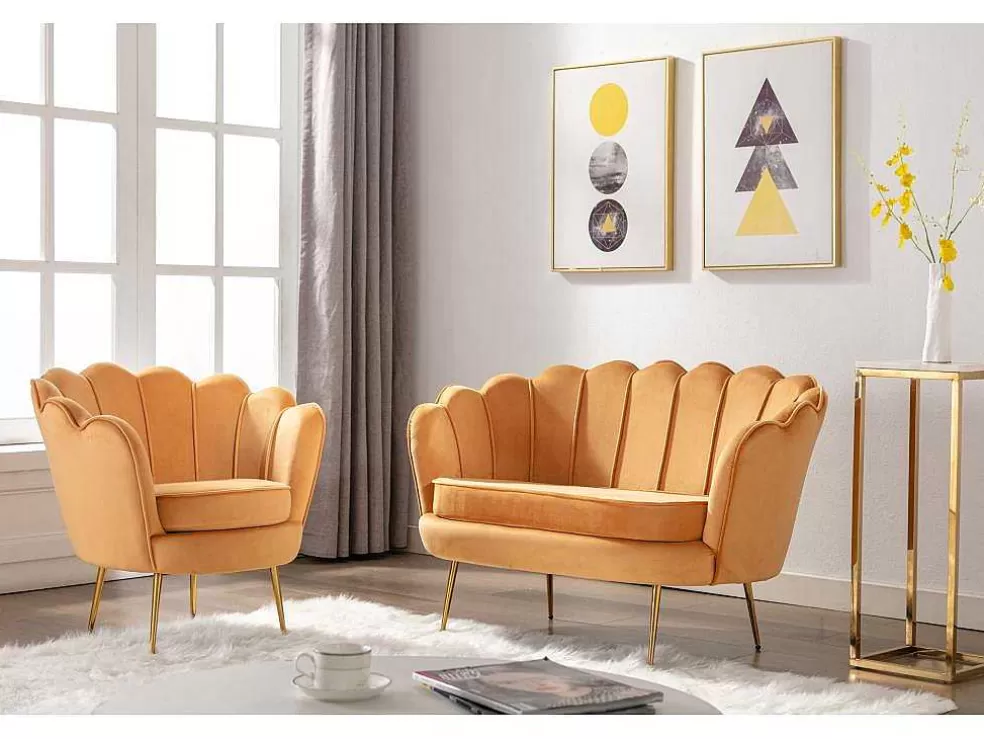 Vente-unique Conjunto Sofá De 2 Lugares E Poltrona Concha Em Veludo Amarelo-Mostarda Dandelion* Conjunto Sofá E Poltrona