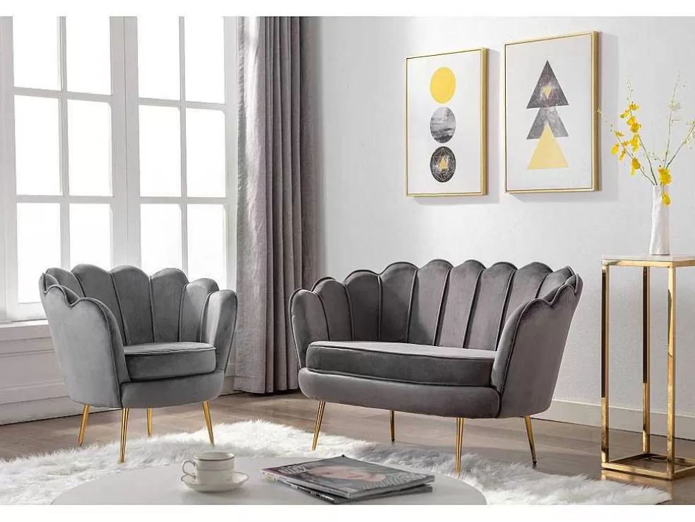 Vente-unique Conjunto Sofá De 2 Lugares E Poltrona Concha Em Veludo Antracite Dandelion* Conjunto Sofá E Poltrona