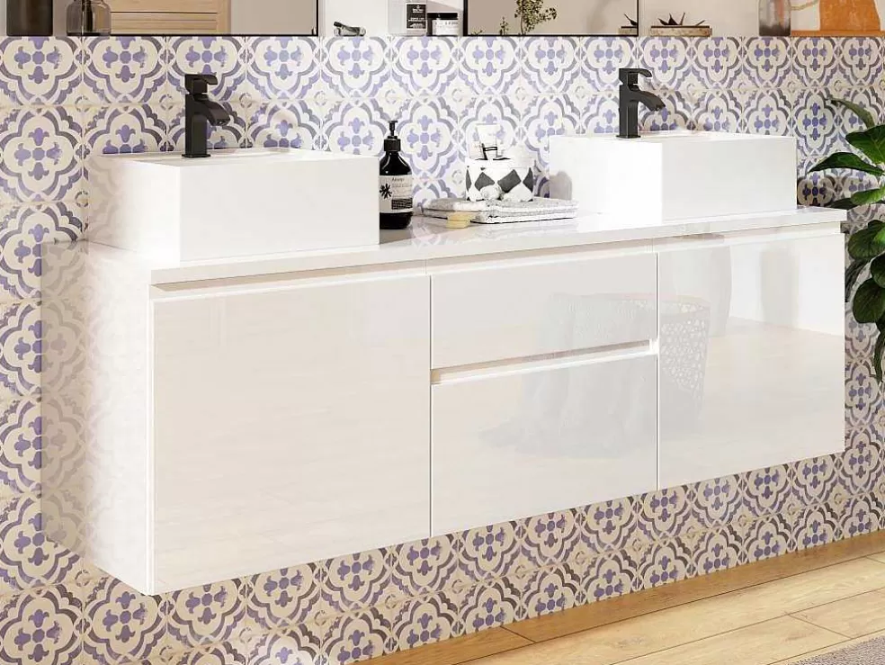 Vente-unique Conjunto Suspenso Para Casa De Banho Com Lavatório Duplo Cor Branco - Jimena* Móvel Lavatório Duplo