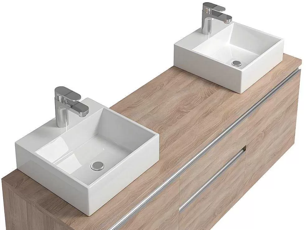 Vente-unique Conjunto Suspenso Para Casa De Banho Com Lavatório Duplo Cor Carvalho - Jimena* Móvel Lavatório Duplo