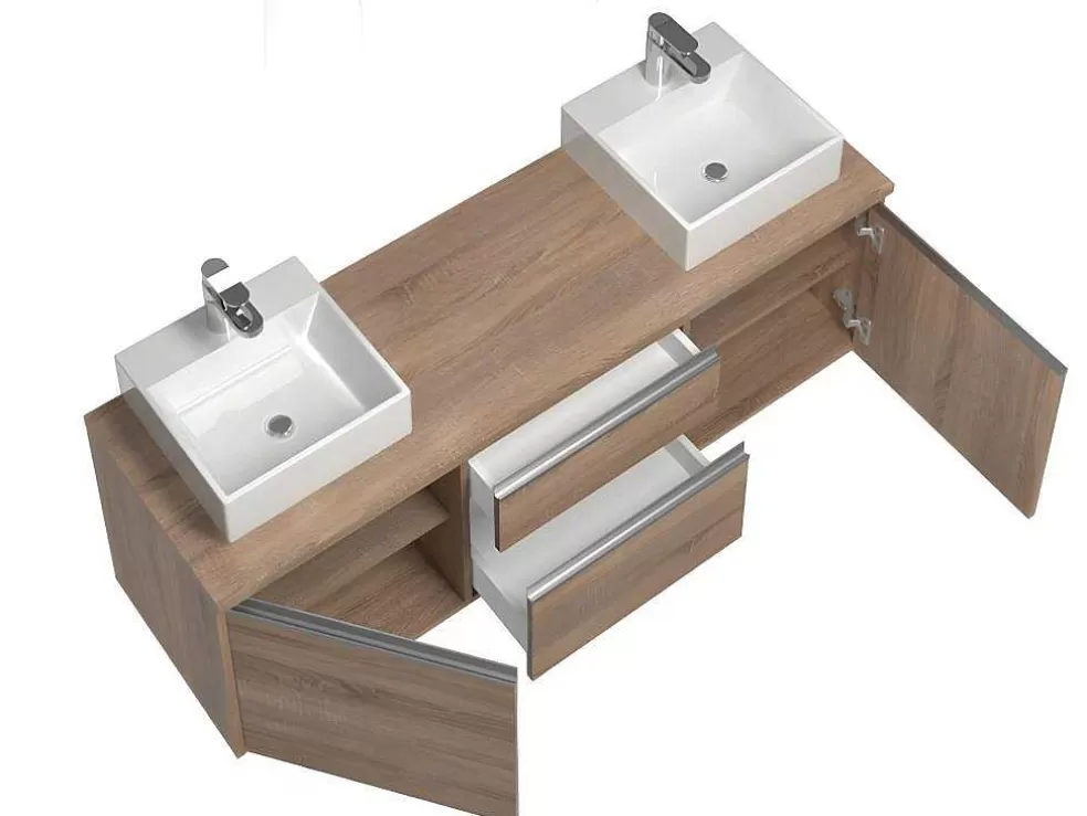 Vente-unique Conjunto Suspenso Para Casa De Banho Com Lavatório Duplo Cor Carvalho - Jimena* Móvel Lavatório Duplo