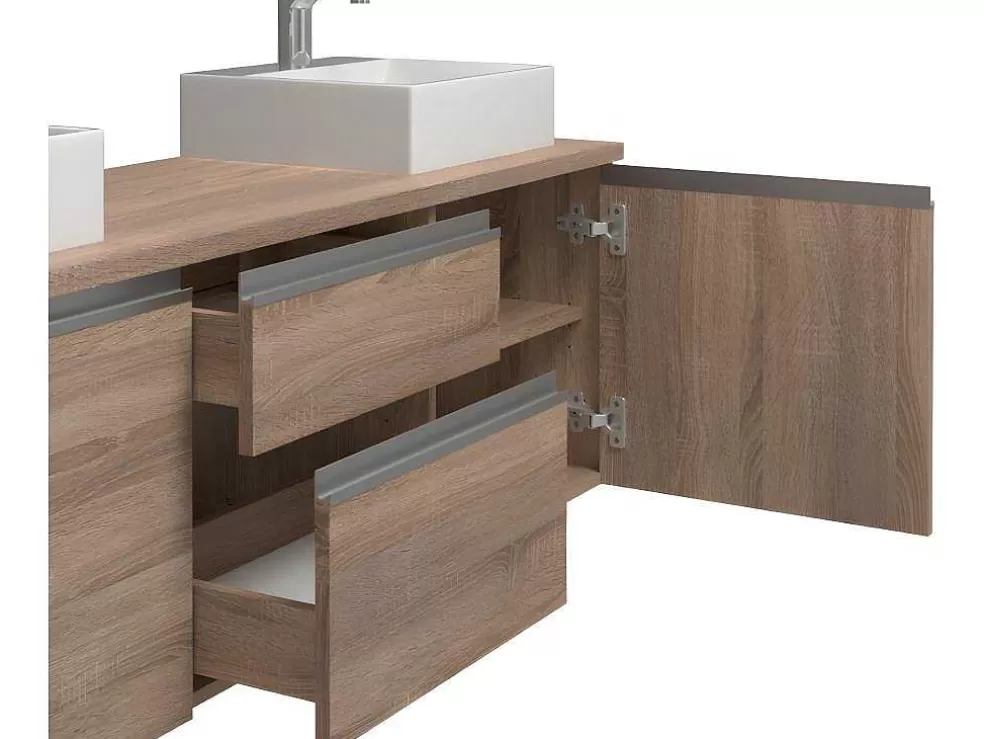Vente-unique Conjunto Suspenso Para Casa De Banho Com Lavatório Duplo Cor Carvalho - Jimena* Móvel Lavatório Duplo
